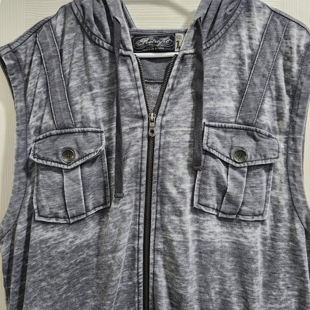 Retrofit Mens Gray Mineral Wash Sleeveless Full Zip Hoodie Vest Size Large - Picture 2 of 8